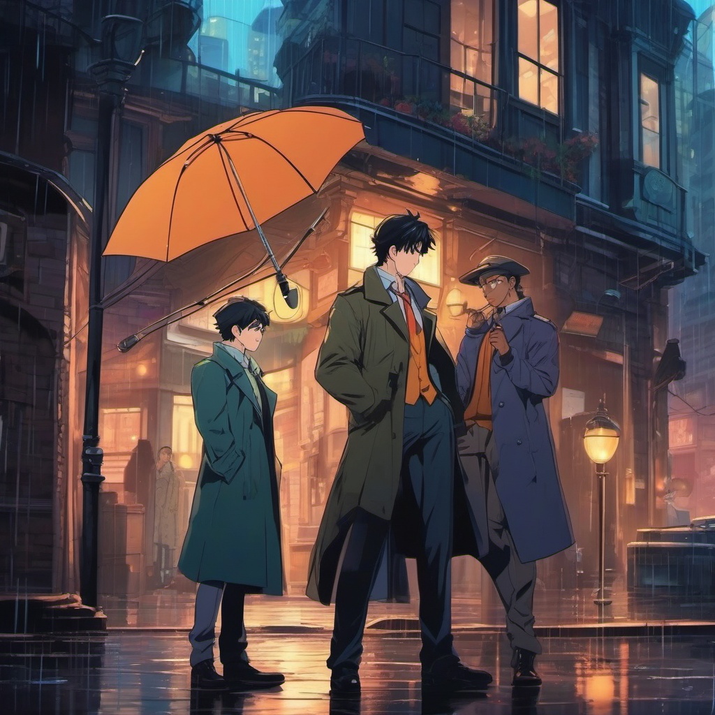 Clever anime detective and brilliant detective sidekick, holding magnifying glasses, examining clues in a rainy city alley, determined to solve a mystery, as a matching pfp for friends. wide shot, cool anime color style