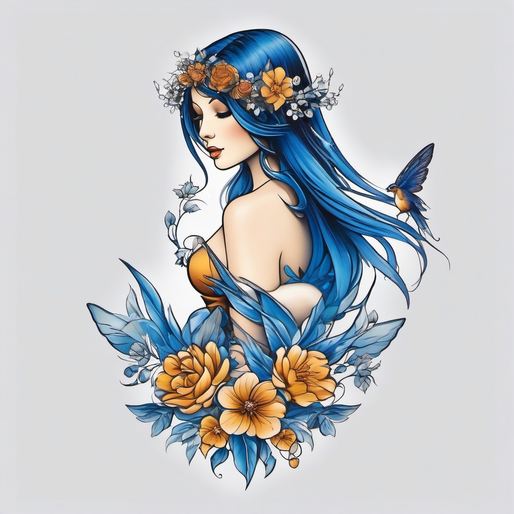 blue fairy tattoo  simple color tattoo style,white background