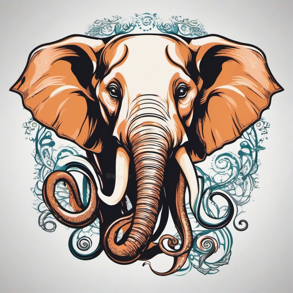 Elephant Octopus Tattoo - Combine two majestic creatures with a tattoo featuring an elephant and octopus design.  simple vector color tattoo,minimal,white background