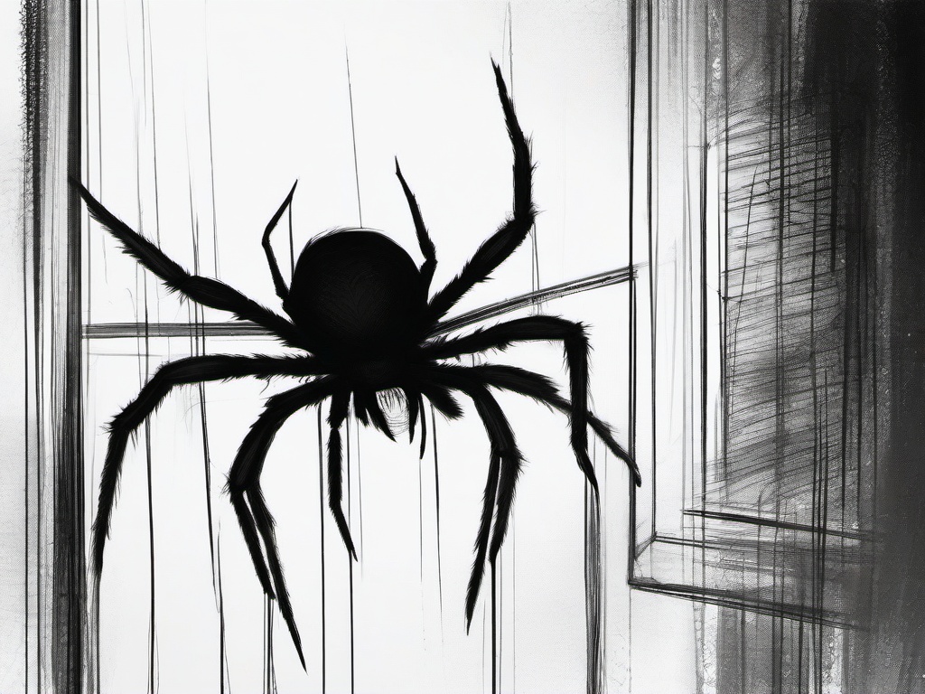 drawing of a spider in a haunted house  minimal rough sketch scribbles,doodles,black and white