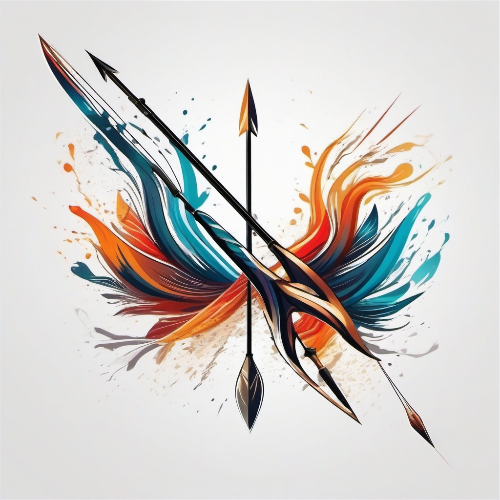 Abstract bow and arrow waves ink. Dynamic energy of archery.  color tattoo design, white background