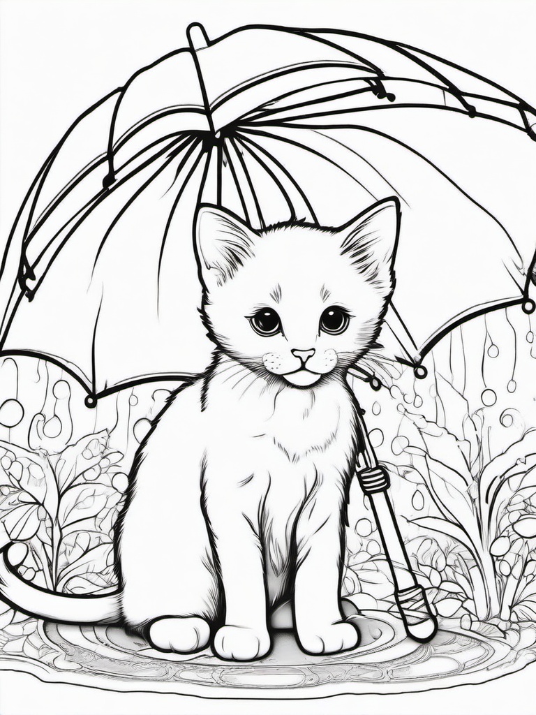 Kitty with an Umbrella Coloring Pages - Kitten Staying Dry Under an Umbrella  minimal black outline printable sheet, coloring page