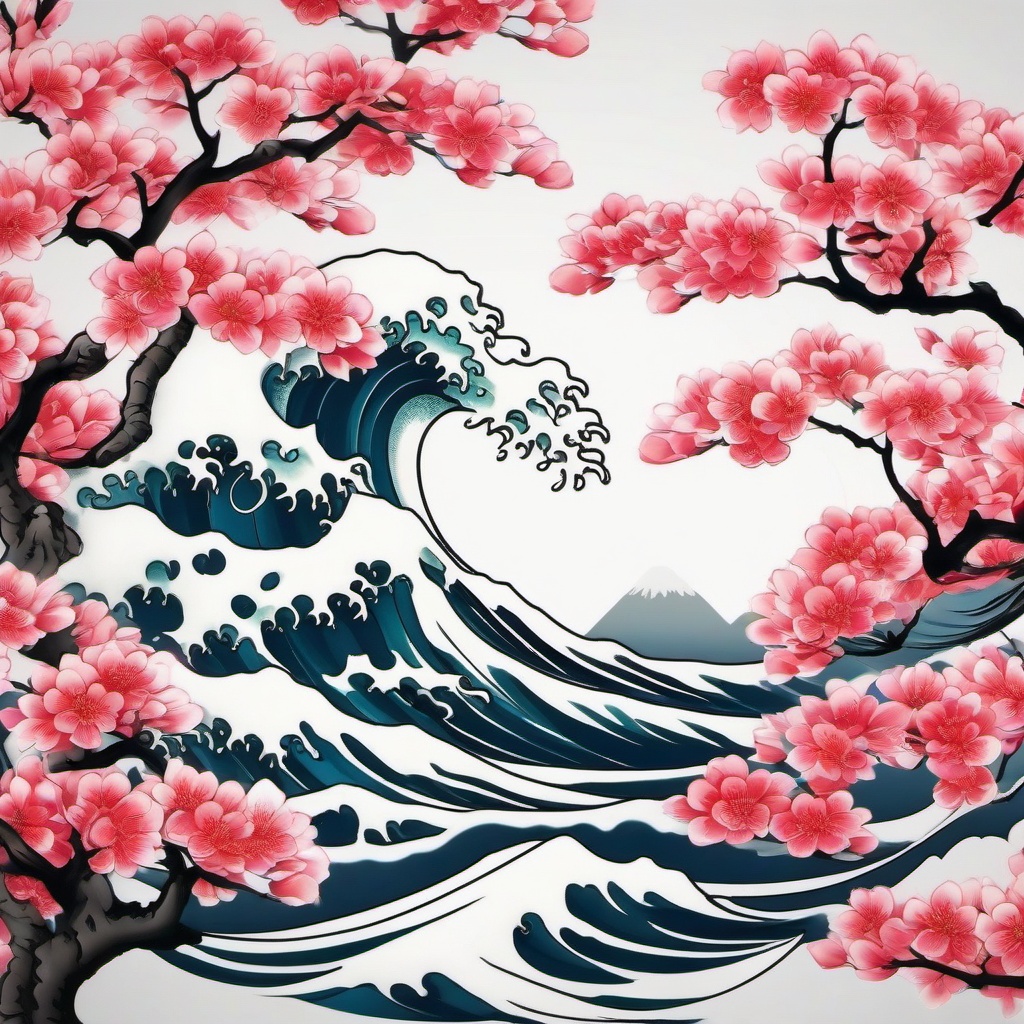 japanese wave and cherry blossom tattoo  simple color tattoo,white background,minimal