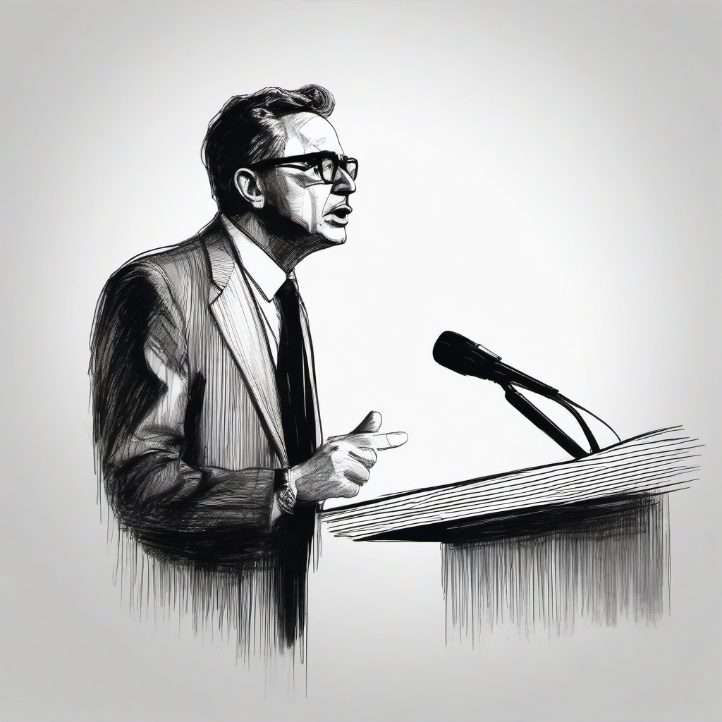 drawing of a famous person giving a speech  minimal rough sketch scribbles,doodles,black and white