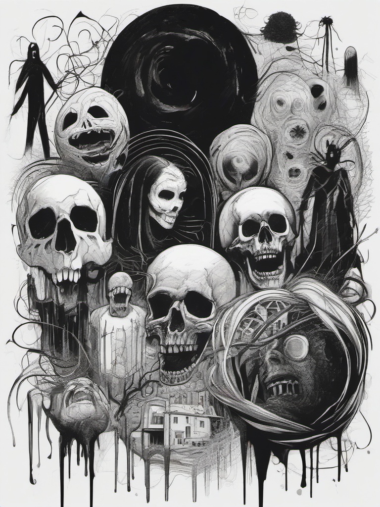 drawing of horror  minimal rough scribbles,doodles,black and white