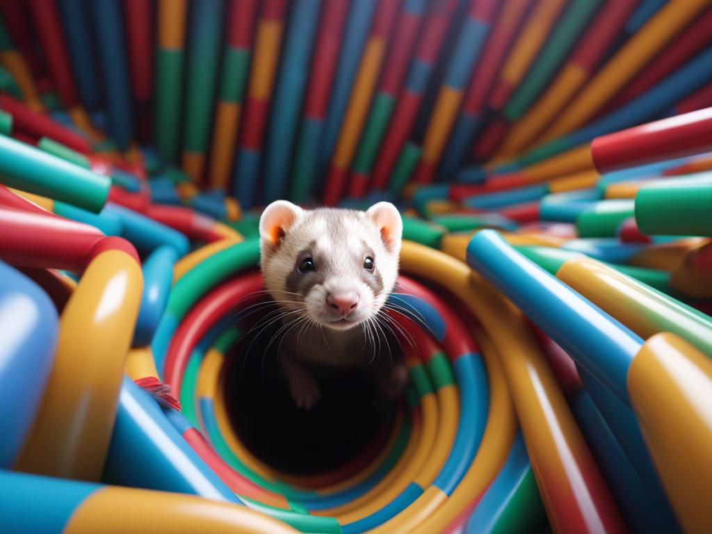 ferret kit tunneling through a maze of colorful tubes 8k ultrarealistic cinematic 