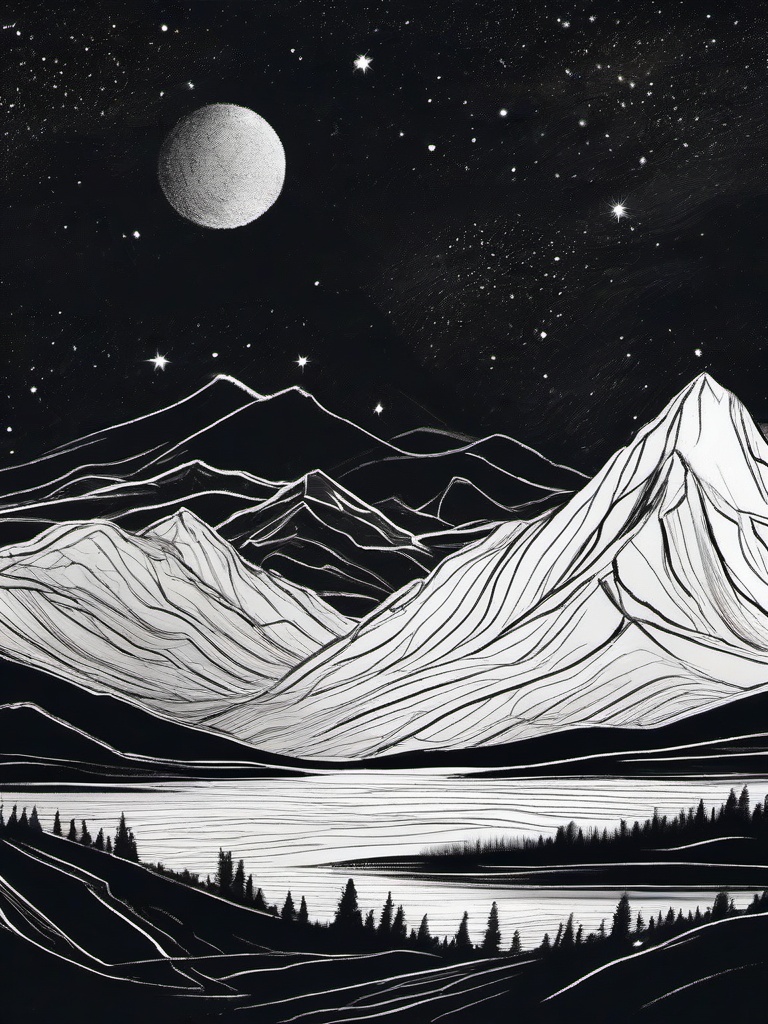 drawing of a starry landscape with mountains  minimal rough sketch scribbles,doodles,black and white