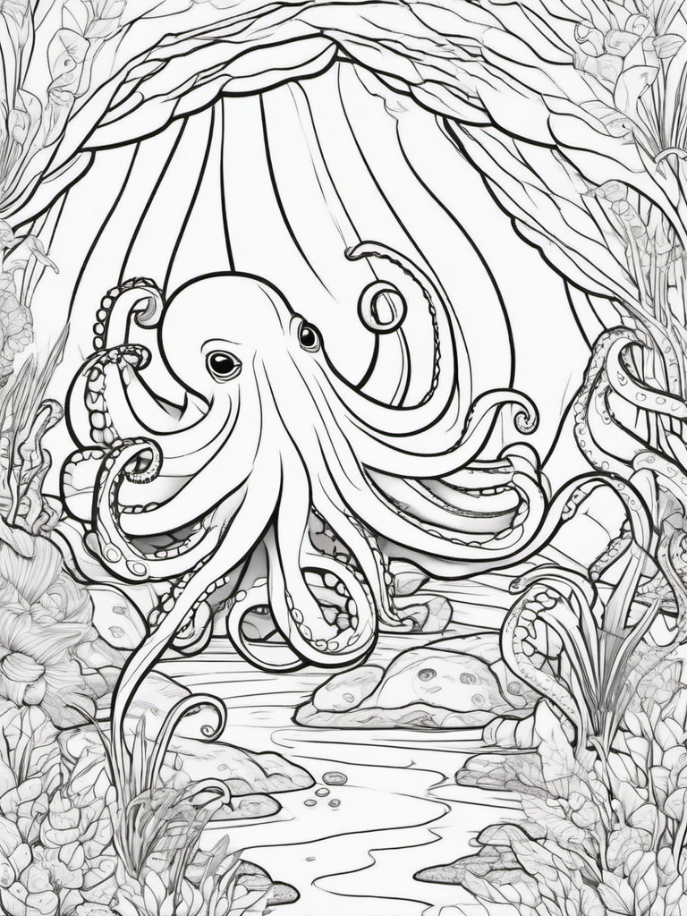 Octopus Coloring Pages - Octopus in a magical underwater cave  simple coloring pages