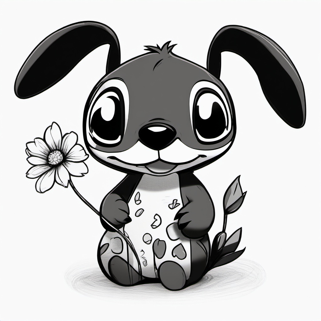 drawing of Stitch holding a flower  minimal rough sketch scribbles,doodles,black and white