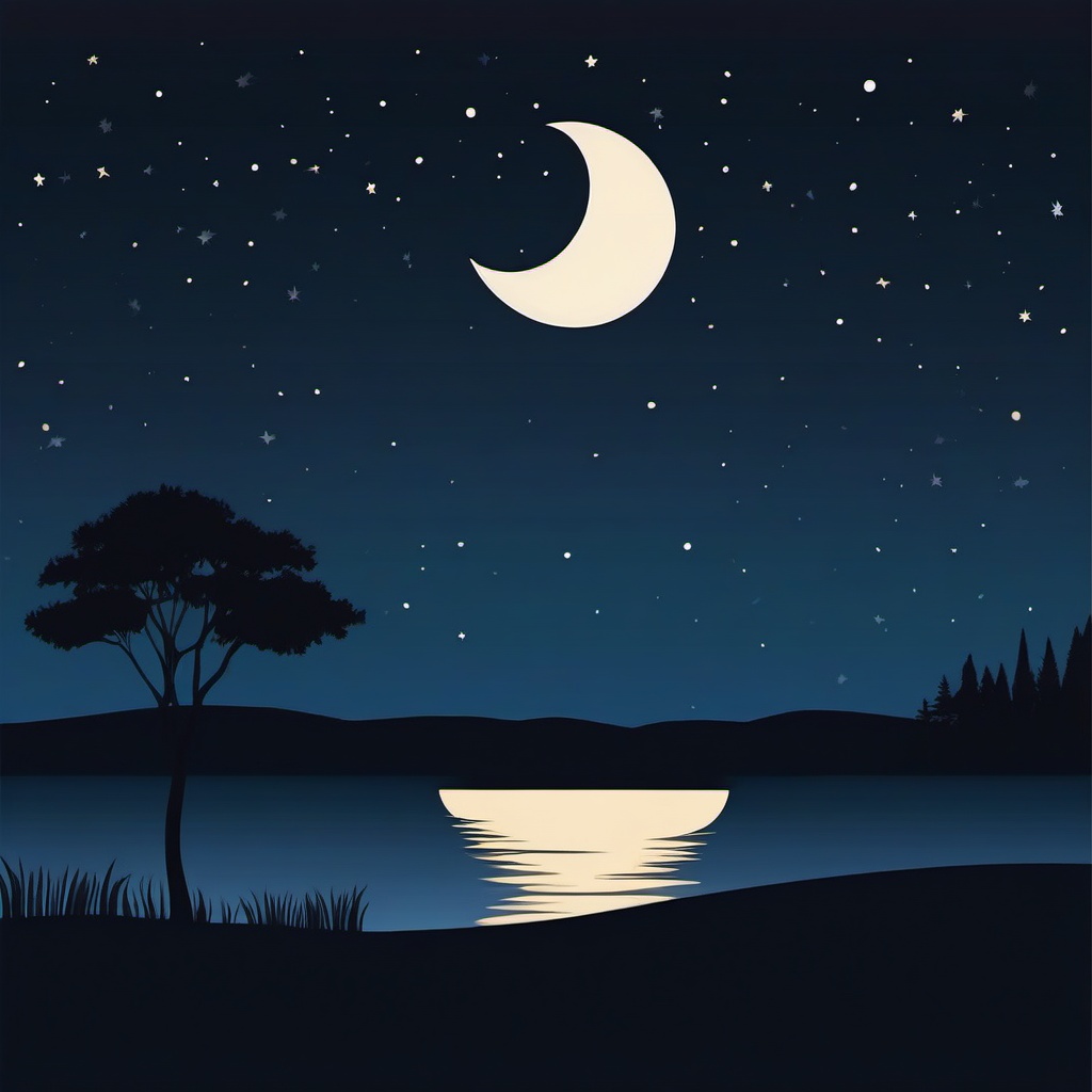 Moonlit Night Sticker - Tranquil night with a crescent moon, ,vector color sticker art,minimal