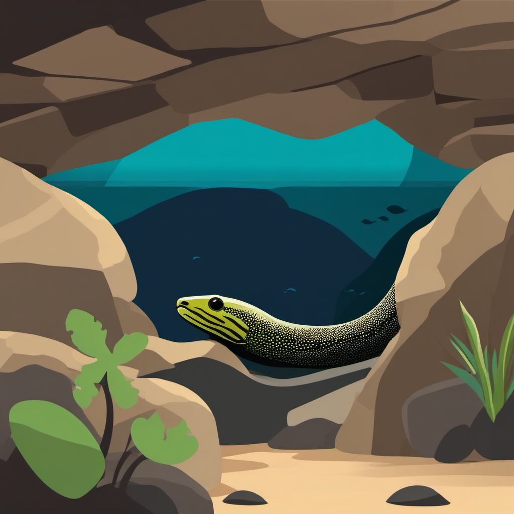 Moray Eel Clipart - Moray Eel peeking out from a rocky den , minimal, 2d