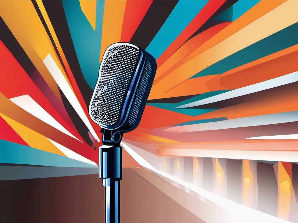 Microphone Clipart - Dynamic microphone on stage, awaiting a performer.  color clipart, minimalist, vector art, 