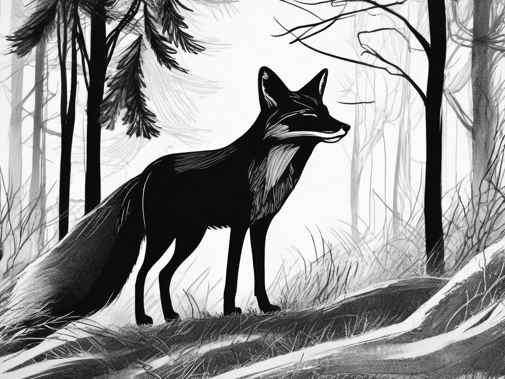 drawing of a fox in the forest  minimal rough sketch scribbles,doodles,black and white