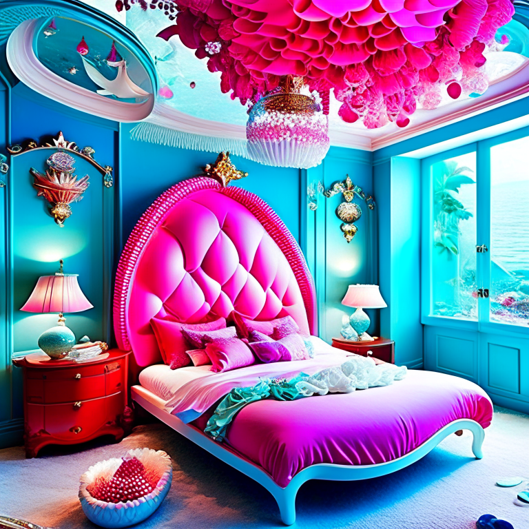 underwater wonderland bedroom with coral-inspired furniture and seashell chandelier. 