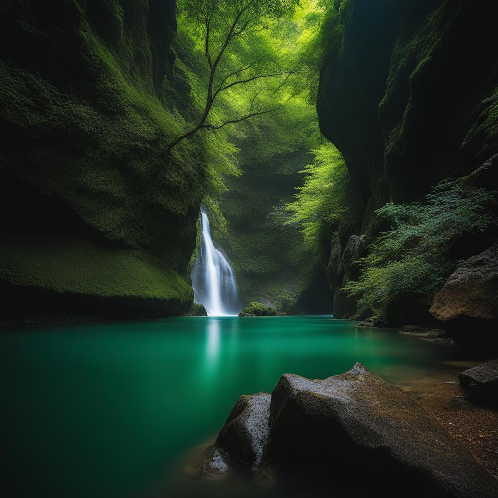 oboke gorge - capture the serene night atmosphere of oboke gorge, where dramatic cliffs and emerald-green waters provide a picturesque setting. 