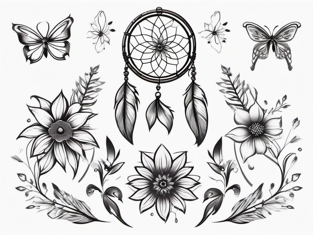 Dreamcatcher with Flowers Tattoo - Dreamcatcher tattoo combined with floral elements.  simple vector tattoo,minimalist,white background