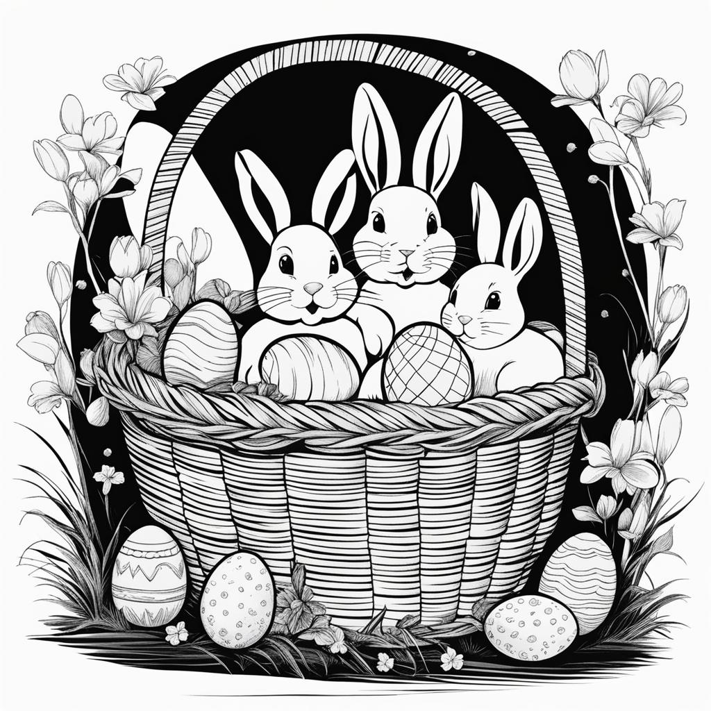 easter clipart black and white in an easter basket - with playful eggs and bunnies. 