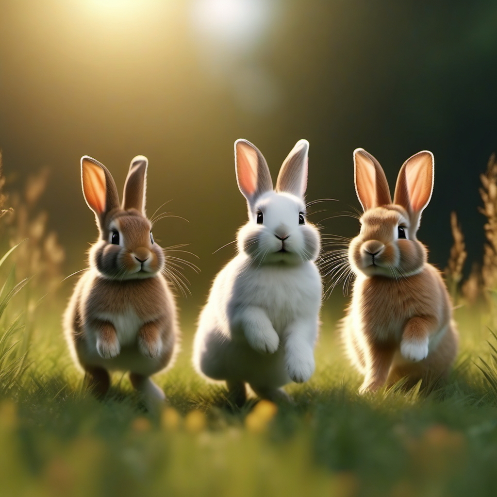 far shot of 3 cute rabbits far apart jumping on a meadow realistic 4k