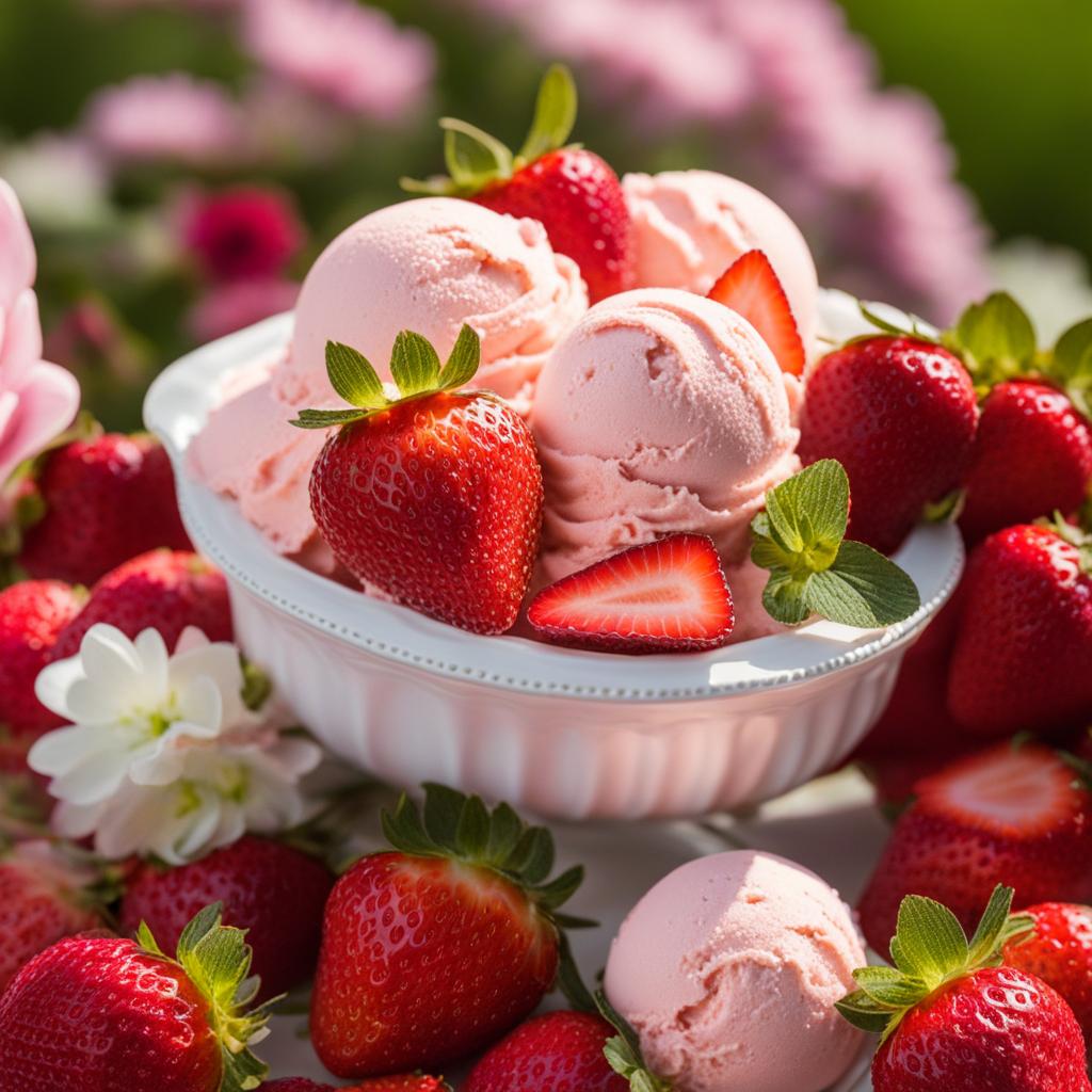 strawberry cheesecake ice cream shared at a summer wedding in a blooming garden. 