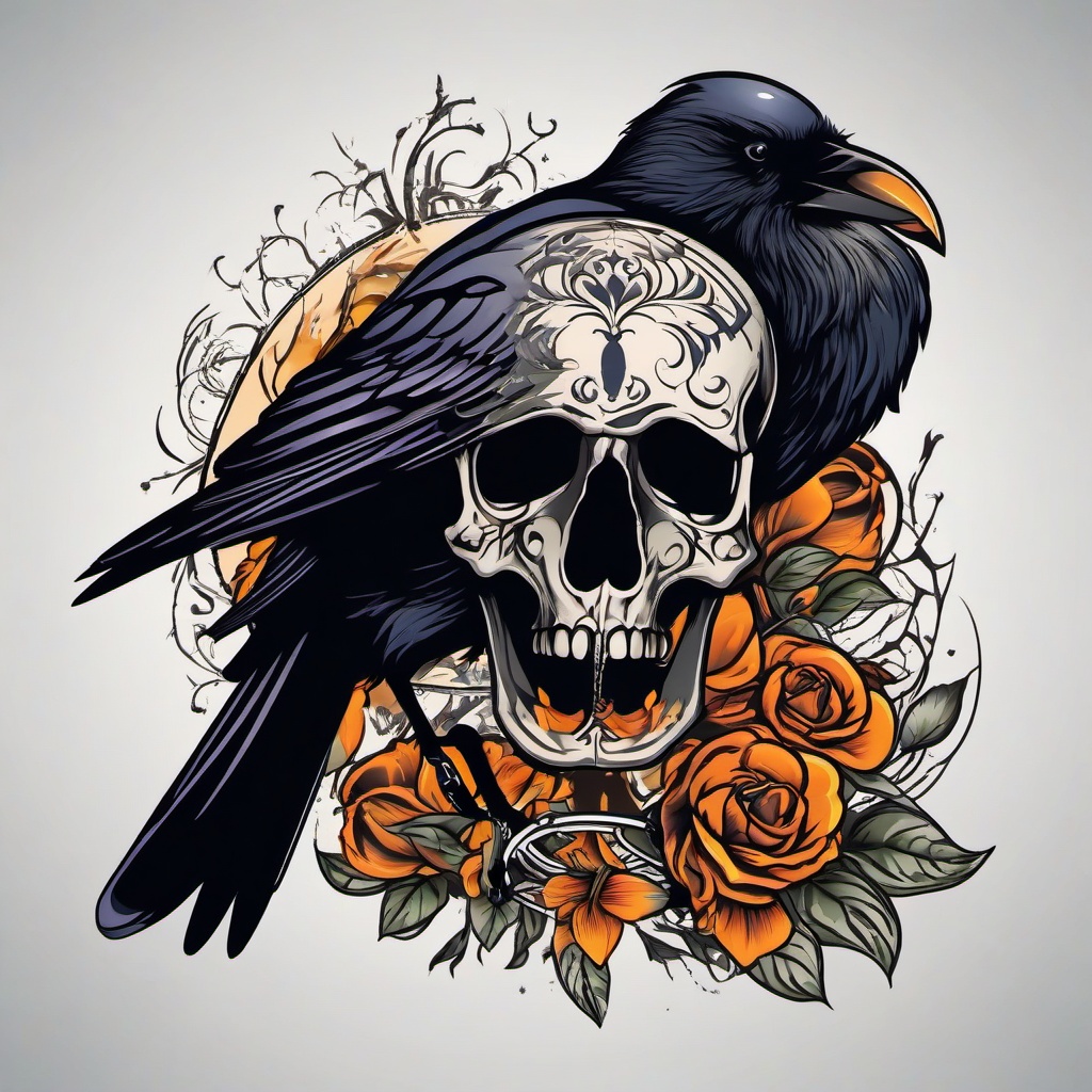 crow on skull tattoo  simple vector color tattoo