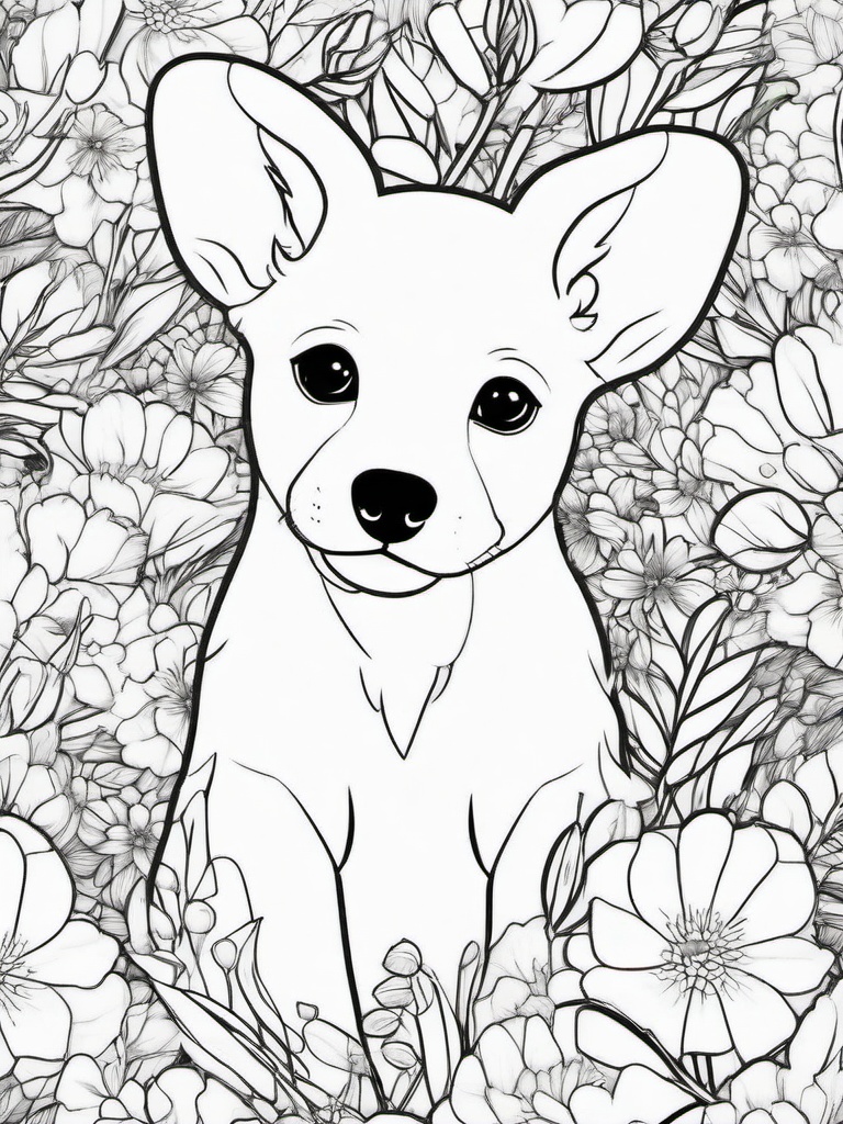 Puppy and Flowers Coloring Pages - Lovely Puppy Surrounded by Blooms  minimal black outline printable sheet, coloring page