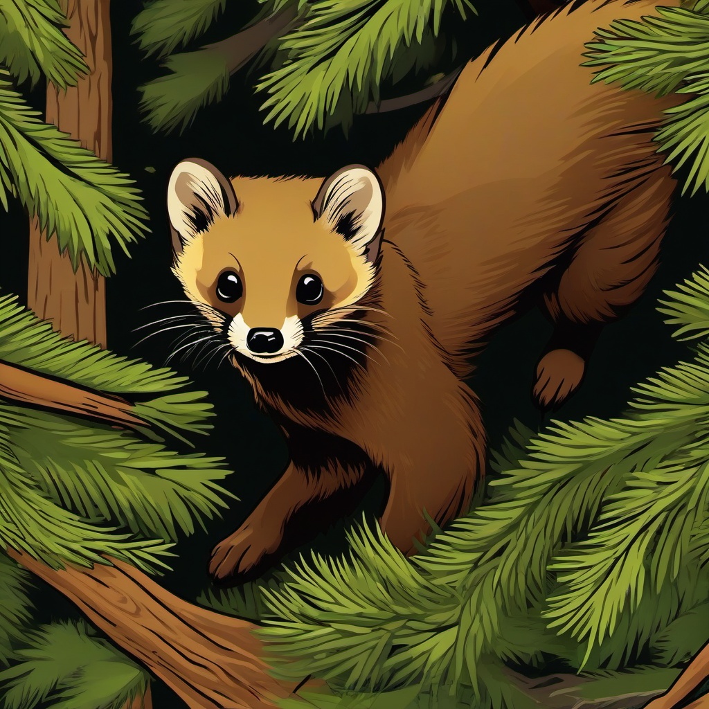 Pine Marten cartoon - Pine Marten running along forest branches  