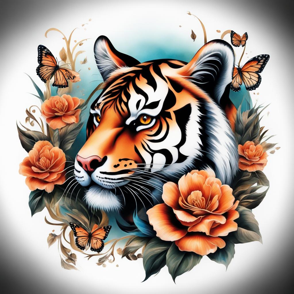 Tiger and butterfly tattoo, Creative tattoos blending the elegance of butterflies with the strength of a tiger.  viviid colors, white background, tattoo design