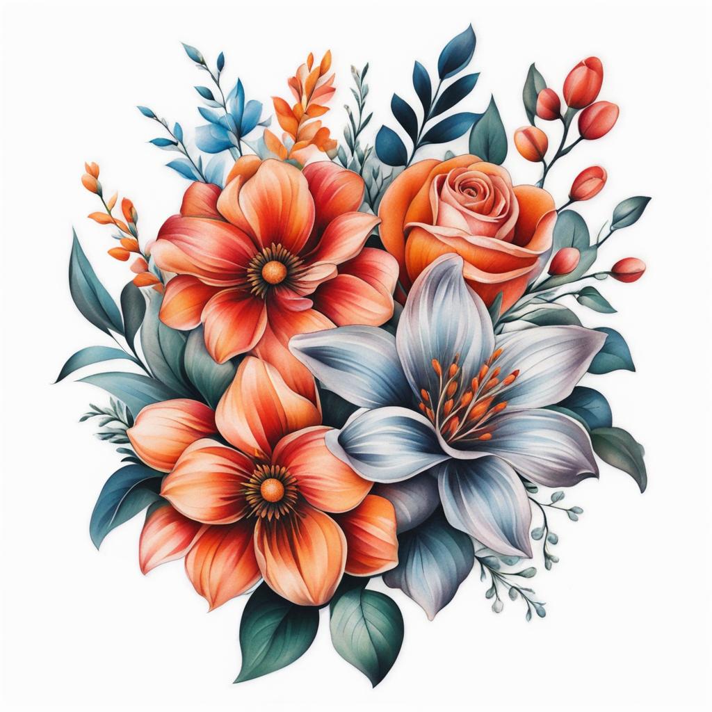 Bouquet flower tattoo, Elegant tattoos that showcase a bouquet of flowers.  vivid colors, white background, tattoo design