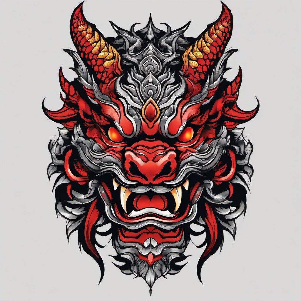 oni mask dragon tattoo  simple color tattoo,white background,minimal