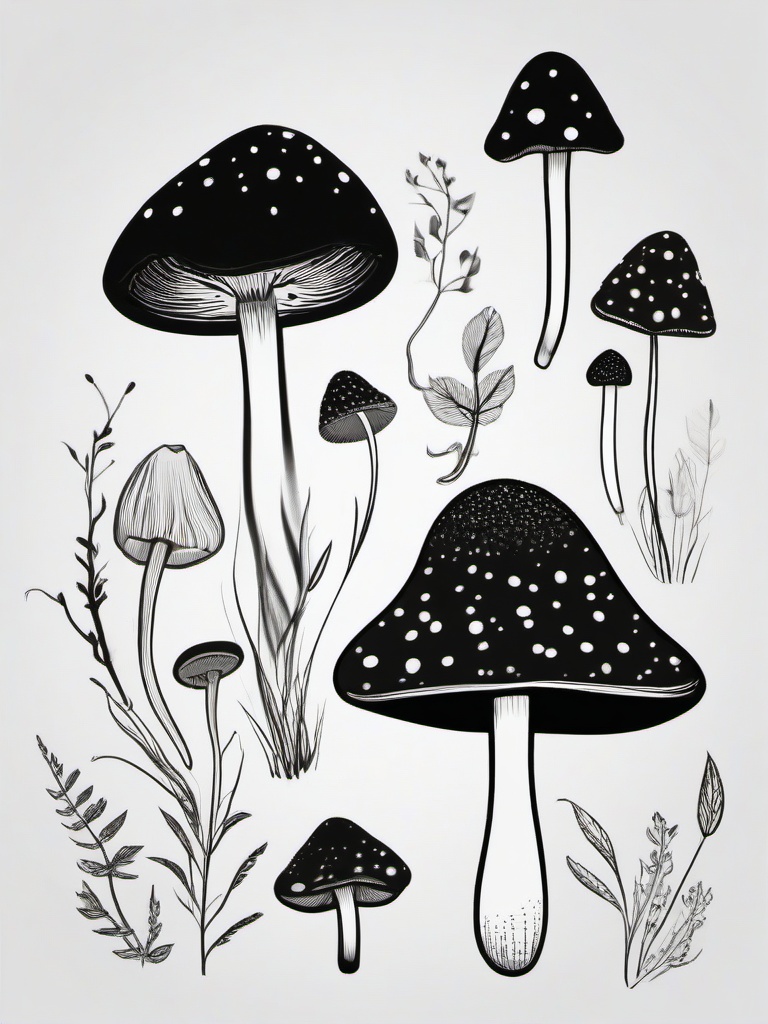 drawing of mushrooms  minimal rough scribbles,doodles,black and white