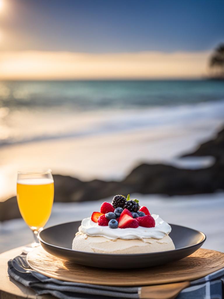 pavlova, a new zealand favorite, enjoyed at a beachfront picnic on a sunny day. 