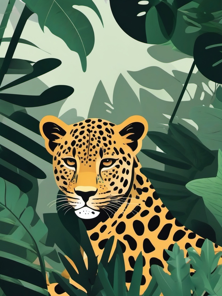 Leopard Clip Art - A stealthy leopard camouflaged in the jungle,  color vector clipart, minimal style