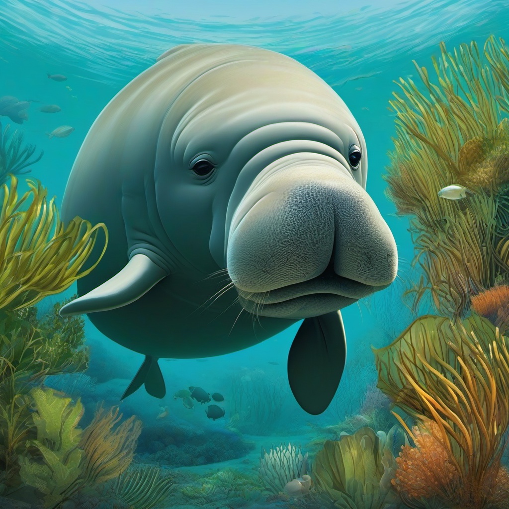 Dugong cartoon - Dugong grazing on underwater seagrass  