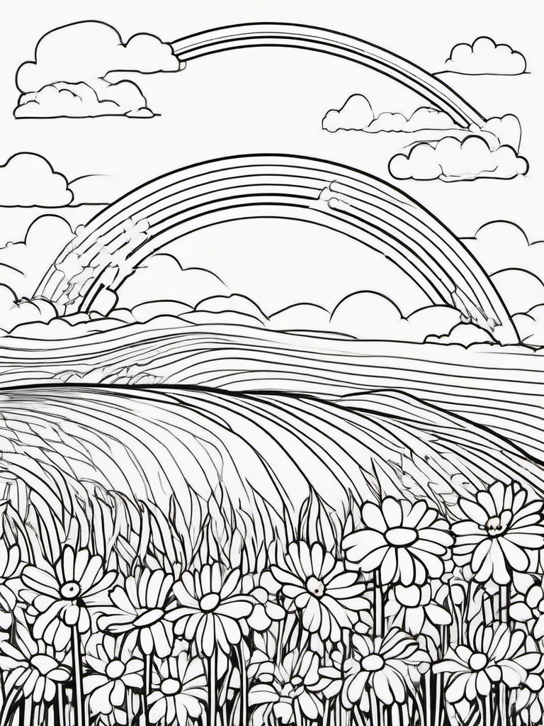 Rainbow Coloring Page - Rainbow over a field of daisies.  easy,simple,minimal,coloring pages,black and white outline