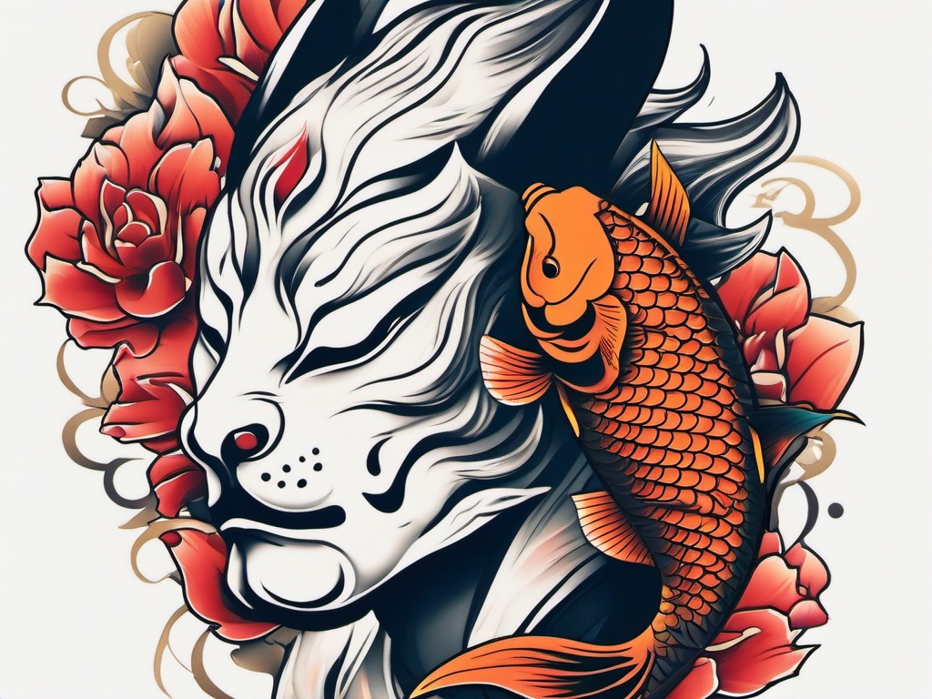 hannya and koi fish tattoo  simple color tattoo,white background,minimal