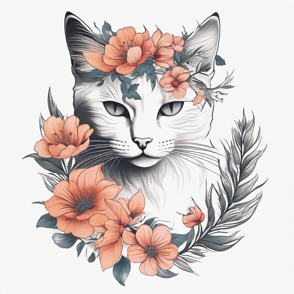 Cat and Flower Tattoo - Tattoo combining a cat and floral elements in the design.  simple color tattoo,minimalist,white background