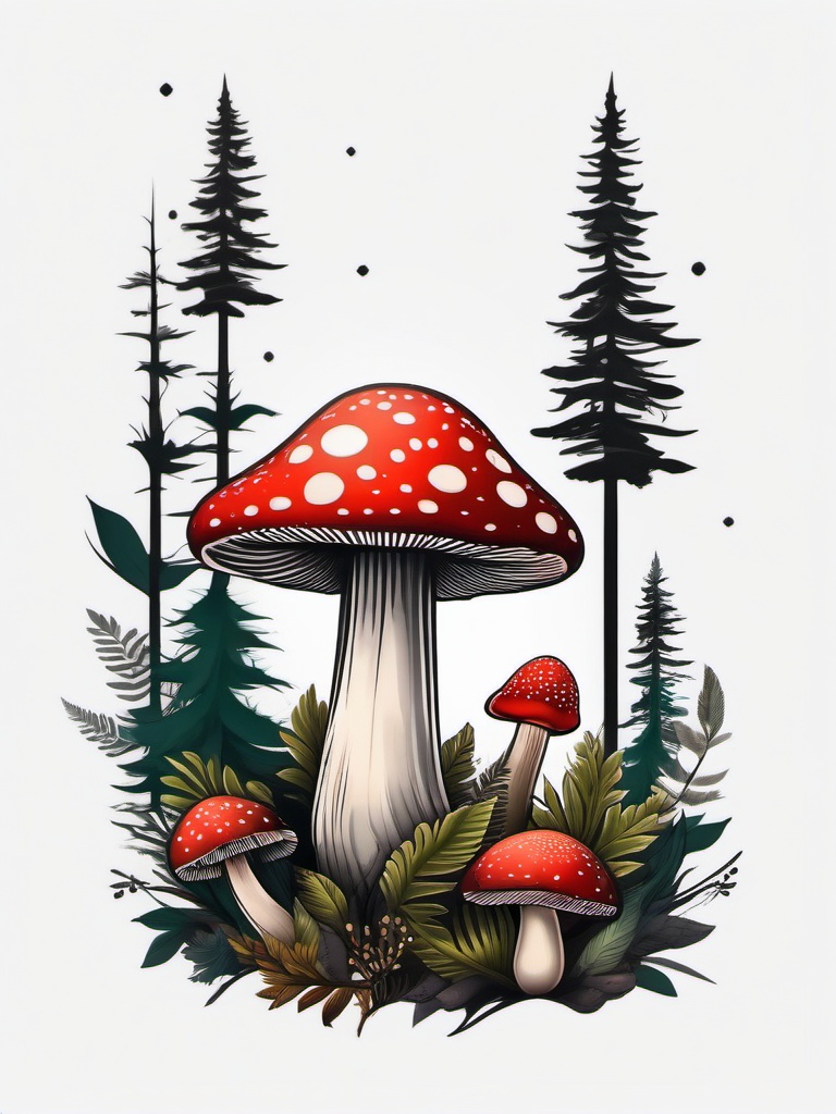 forest mushroom tattoo  simple color tattoo,white background