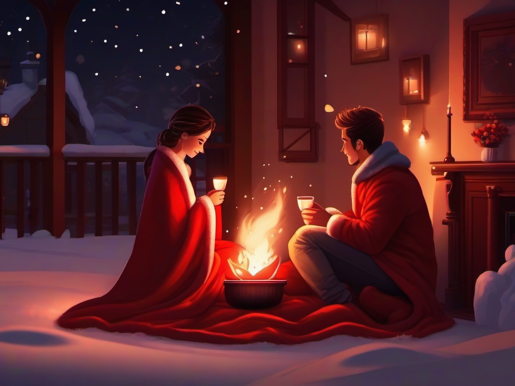 Valentine's Day background - Couple sharing a cozy blanket by a fireside on a snowy evening  aesthetic background wallpaper