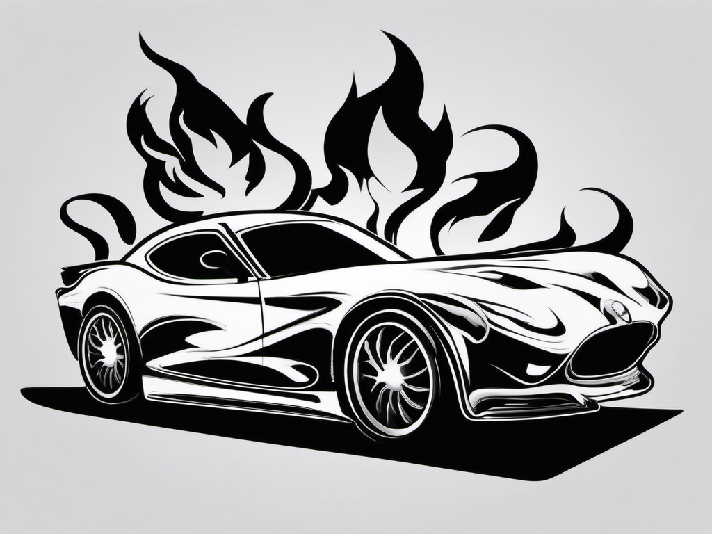 Car with flames tattoo. Symbol of fiery passion and speed.  minimalist black white tattoo style