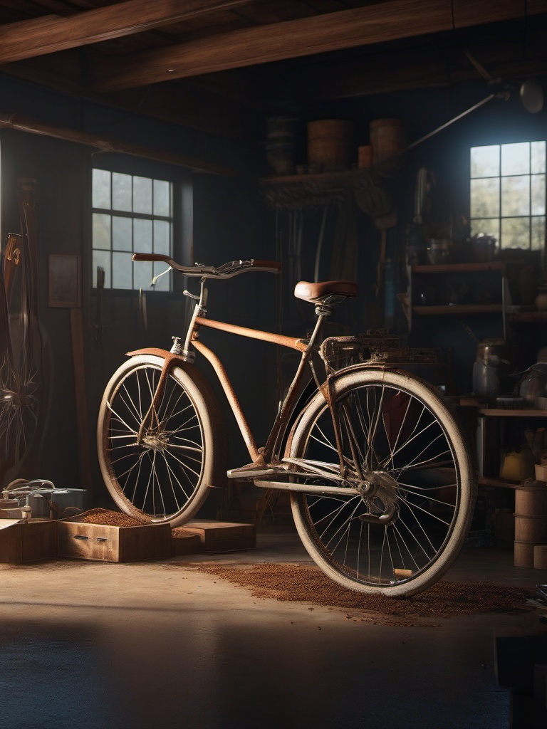 In a cluttered garage, a rusty bicycle transforms into a flying machine of dreams.  8k, hyper realistic, cinematic