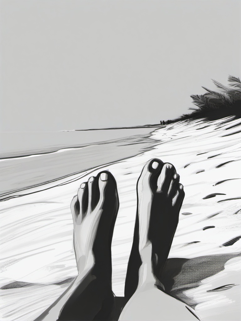 drawing of feet on a beach  minimal rough sketch scribbles,doodles,black and white