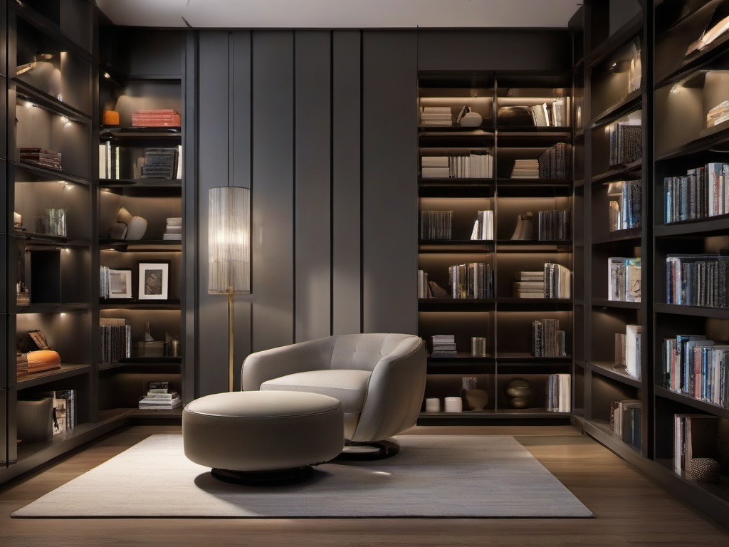 In the library room, urban modern interior design incorporates minimalist shelving, a comfortable reading chair, and contemporary lighting that inspire relaxation and focus in a chic setting.  