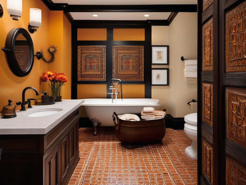 Spanish Revival small bathroom incorporates warm colors, decorative tiles, and rustic accents for a vibrant and inviting atmosphere in a compact space.  