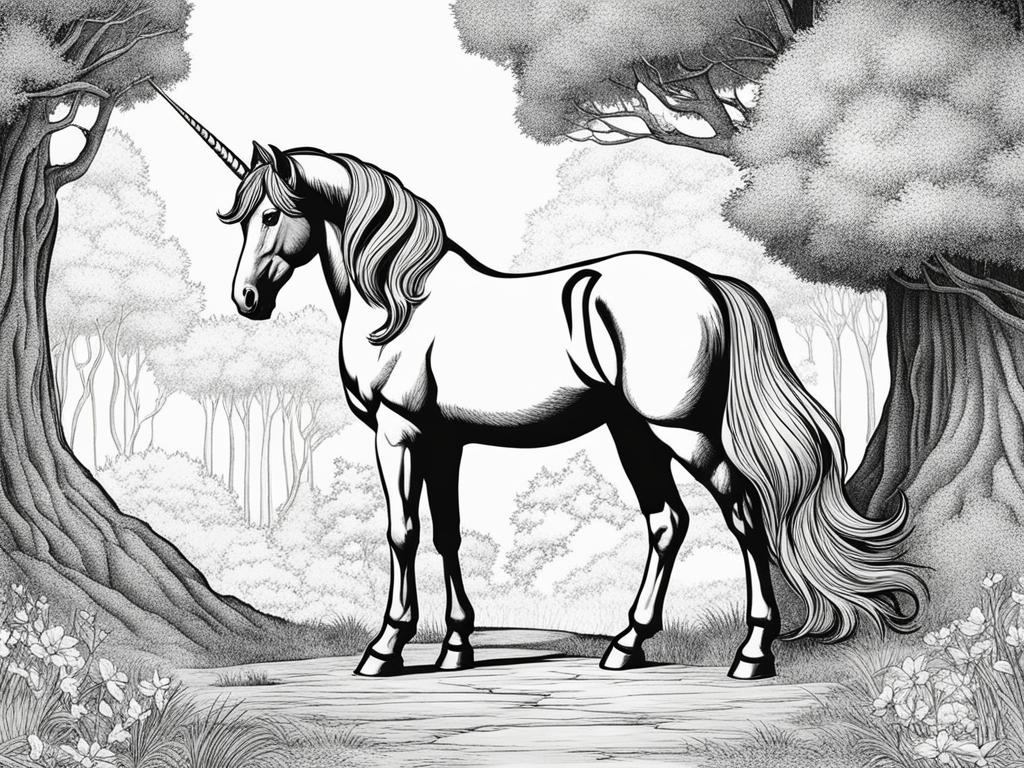 unicorn coloring pages - noble unicorn bowing its head in reverence at the entrance to an ancient, sacred grove. 