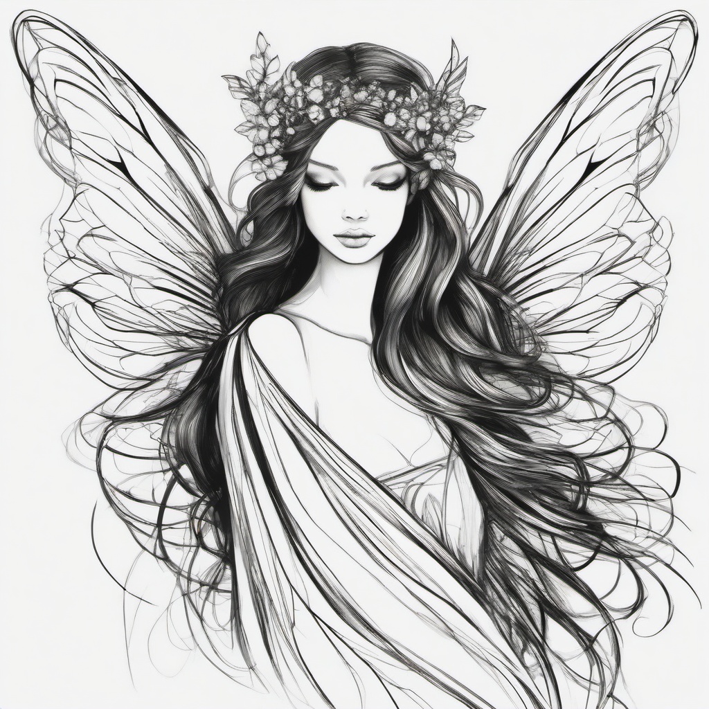 drawing of a fairy with wings  minimal rough sketch scribbles,doodles,black and white