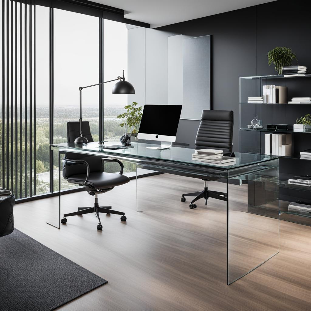 modern office with a sleek glass desk and ergonomic furniture. 