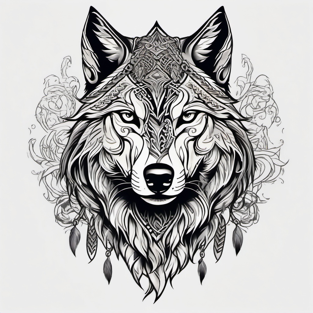 Viking Tattoo Wolf,Viking-themed wolf tattoo, embodying the fearless and intrepid Viking spirit. , color tattoo design, white clean background