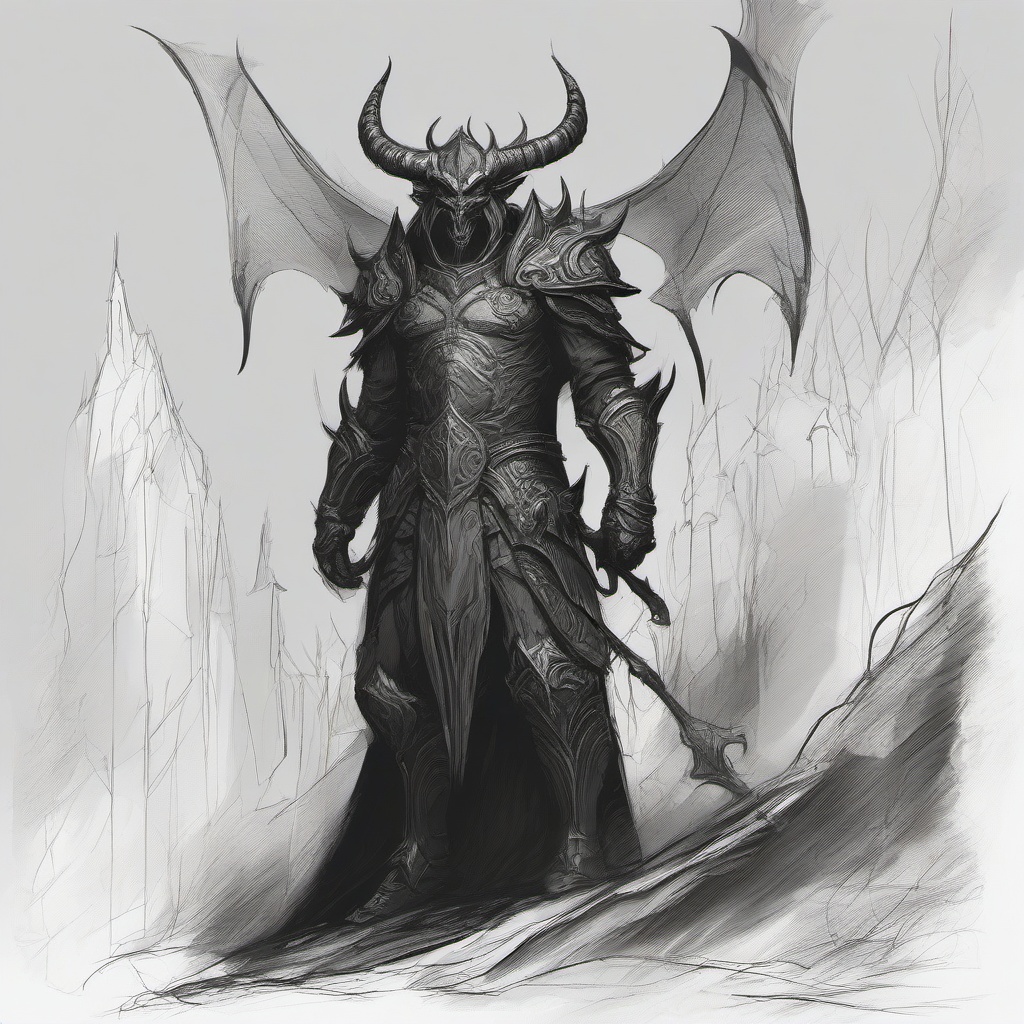 drawing of a demon in a fantasy setting  minimal rough sketch scribbles,doodles,black and white