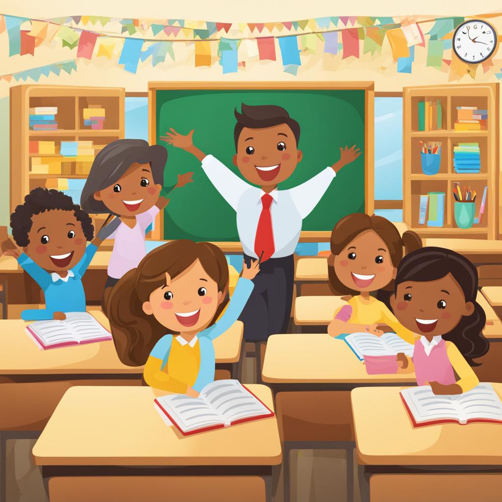 classroom clipart: filled with enthusiastic students and a teacher. 