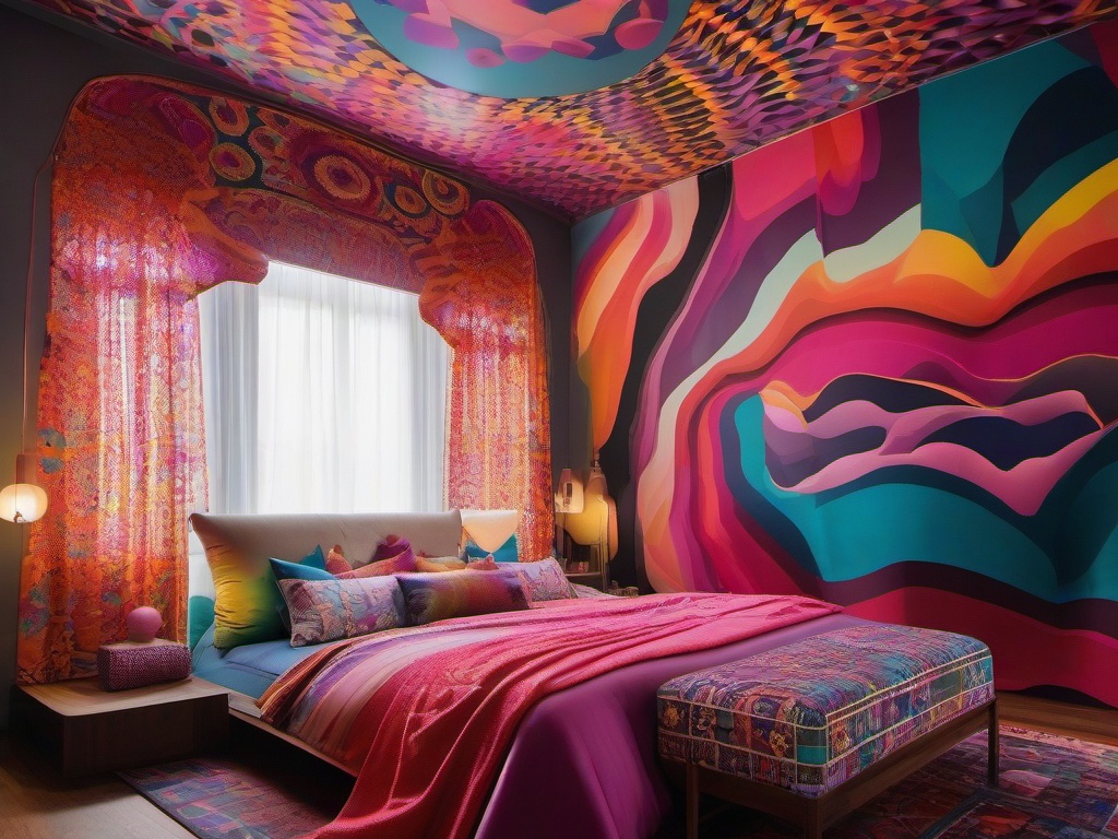 In the bedroom, psychedelic interior design showcases vibrant bed linens, wall murals with kaleidoscopic patterns, and a mix of textures that create a dreamy and whimsical sanctuary for rest.  